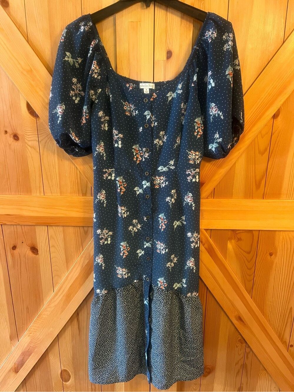 Ophelia Roe Button Front Dress Size Med Floral Short Sleeve Off Shoulder (1149)